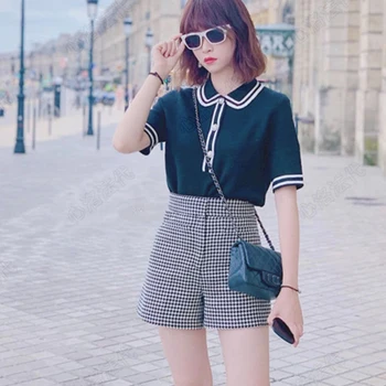 

Women Sweater 2019 Autumn / Winter New College Wind Splice Strip Women Knit Top + Knit Skirt Sweater Women