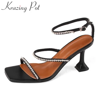 

Krazing pot plus size genuine leather peep toe strange high heels rhinestone gentlewomen party buckle strap summer sandals L62