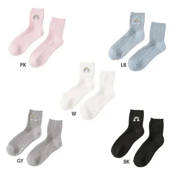 

Women Girls Ribbed Knitted Long Crew Socks Lady Harajuku Rainbow Cloud Embroidery Sports Casual Breathable Cotton Tube Hosiery