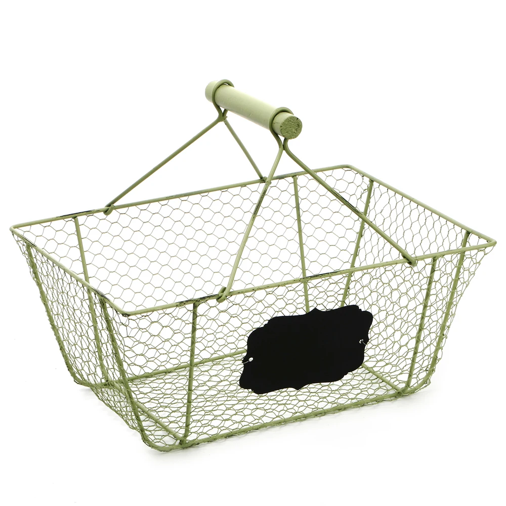 

green rustic vintage metal basket with risen wood handle