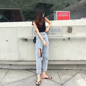 

Loose Vintage Woman Jeans 2017 Autumn Casual Boyfriend Denim Wide Leg Hole Ripped High Waist Jeans Plus Size