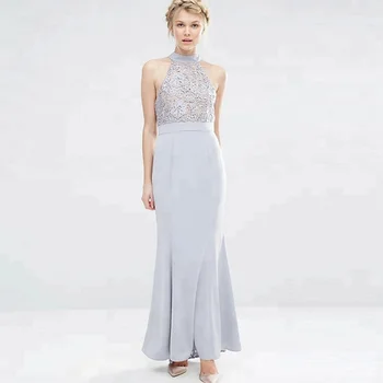 

2020 Evening Dress Mermaid Satin Latest Halter Neck Lace Bodice Tie Back Maxi Split Laces Backless Floor Length Prom Dress