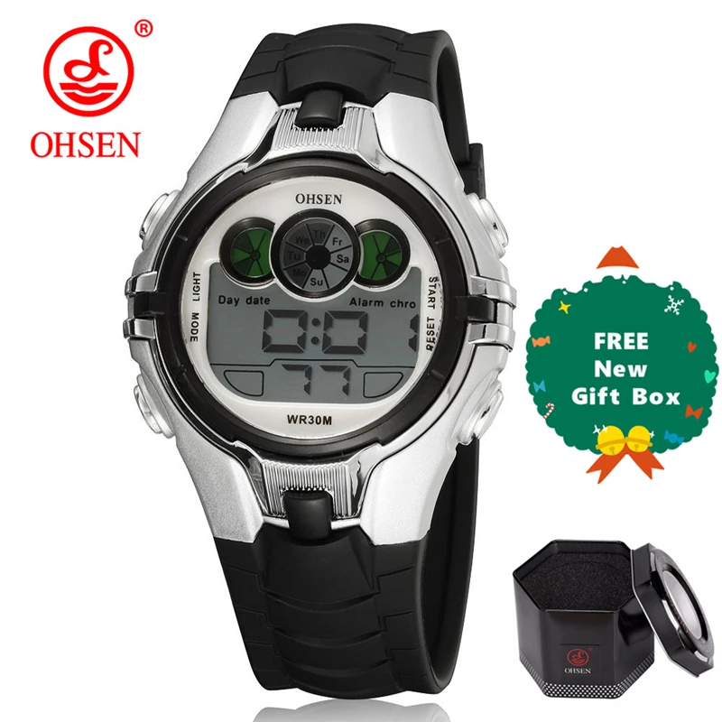 OHSEN Boys Kids Дети Кварцевые спортивные часы Будильник Дата хронографа Светодиодные задние фонари Водонепроницаемые наручные часы Студенческие часы - Цвет: silver plus gift box