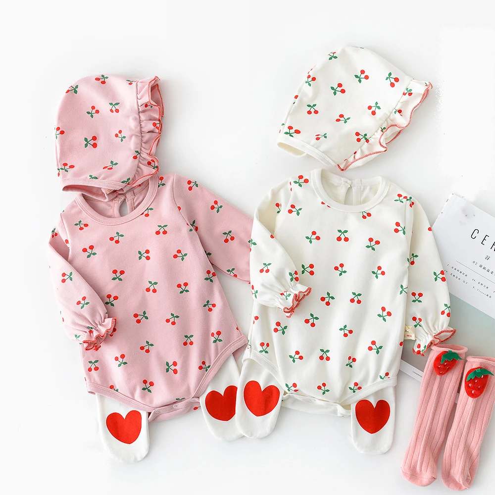 

2019 Autumn Style Baby Girl Rompers Long Sleeve Cherry Printed Infant Jumpsuit with Hat 2 Pcs Casual Outfit Newborn Baby Clothes