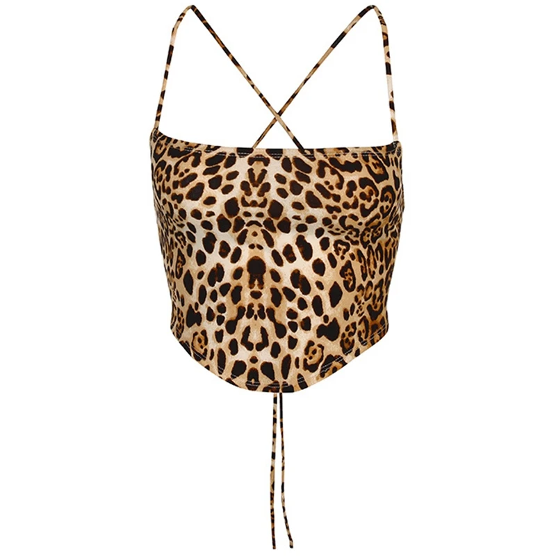 Leopard Pattern Women Tank Tops Backless Sexy Rave Outfits Sleeveless Cross Lace Up Bralette Crop Top