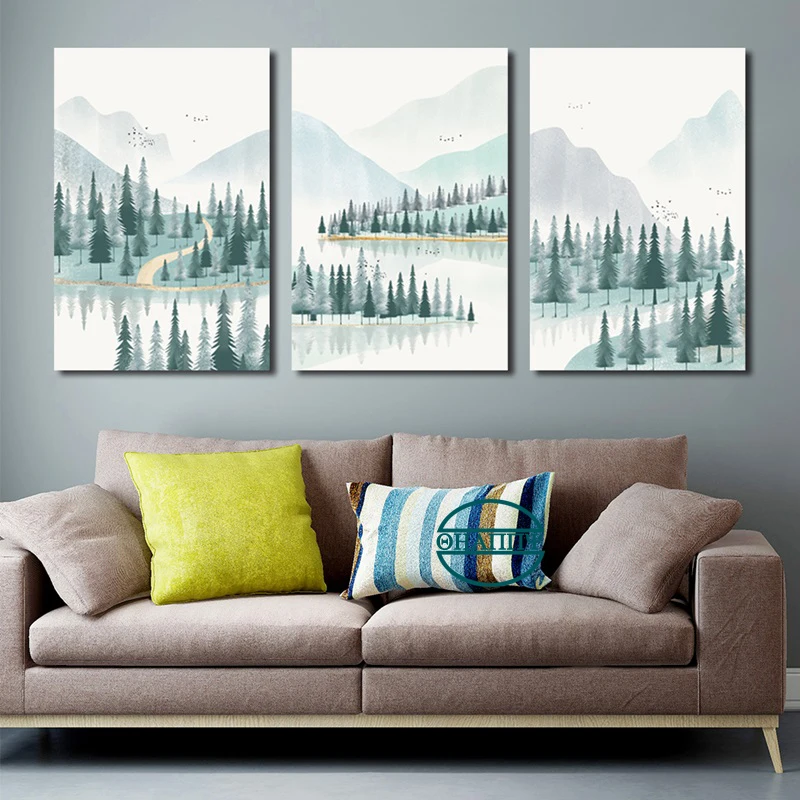 

Modern Minimalist Fog Forest And River Poster Landscape Wall Art Canvas Painting Poster and Print Decoration Pictures Unframed