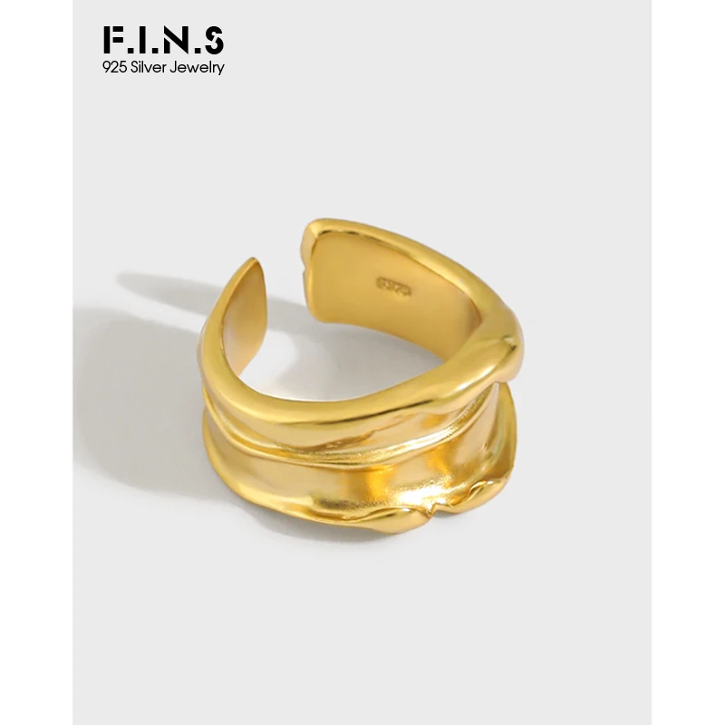 

F.I.N.S Korea Style INS Irregular Folds 925 Sterling Silver Ring Wide Concave Convex Open Cuff Silver Ring 925 Woman Jewelry
