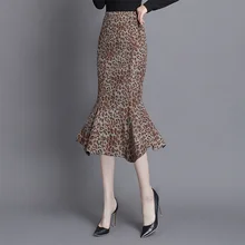 Леопардовая юбка русалки для женщин, Осень-зима, винтажная плиссированная юбка средней длины для офиса, женские плотные юбки 3544LY