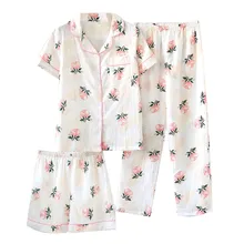 

Soft Three-piece Pajamas Set For Women Female Spring and Autumn Lapel Casual Loose Style Comfortable Homewear Short-sleeved