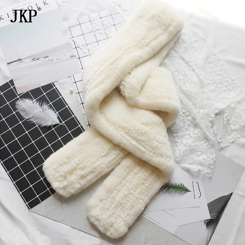 

JKP 2019 Real Rex Rabbit Fur Scarves for Women Winter Weaving Natural Rabbit Fur Collar Warm High Quality Scarves
