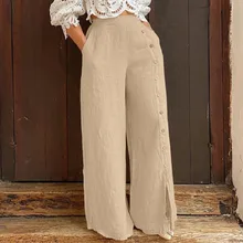 Autumn Women's Trousers Elastic Waist Button Decoration Trousers All-match Casual Wide-leg Cotton And linen Loose Breeches