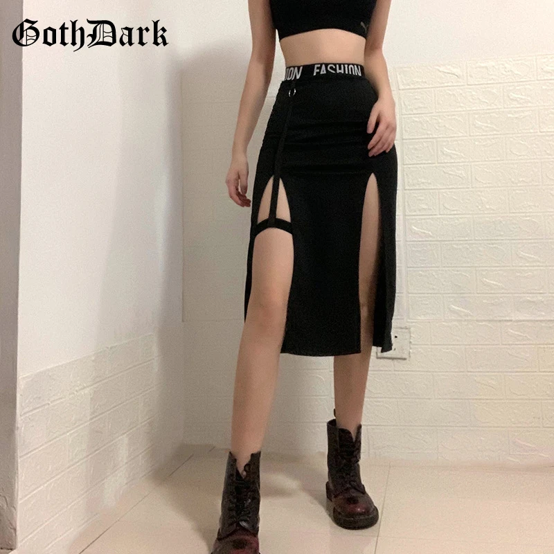 Goth Dark Gothic High Waist Black Midi Dress Y2k Grunge Patchwork Elastic Slit Hem A-line Midi Skirts Women Autumn Streetwear