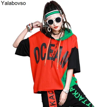 

Half Sleeve Letter Printed Color Patchwork Sweatshirt Female Pullovers 2020 Summer Loose Large Size Casual Hoodies For Women