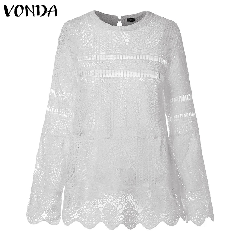 VONDA 2019 Women Sexy Lace Tunic Hollow Top Blouse Casual Long Sleeve Irregular Hem Patry Blusas Be