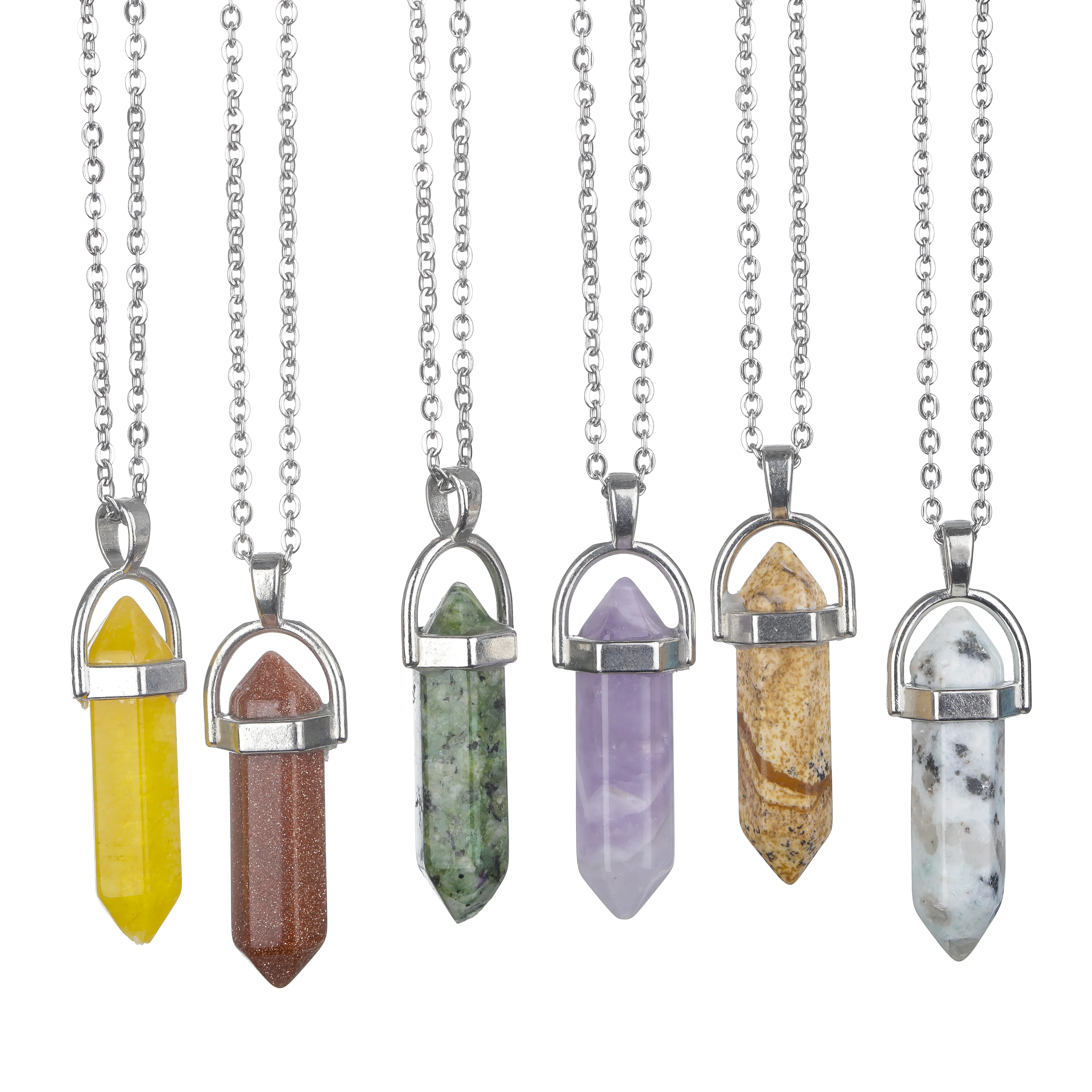 Collar de cuero colgante Hexagonal de acero inoxidable para hombre y mujer, cristal Natural, amuleto de joyería, aumenta la energía del cristal