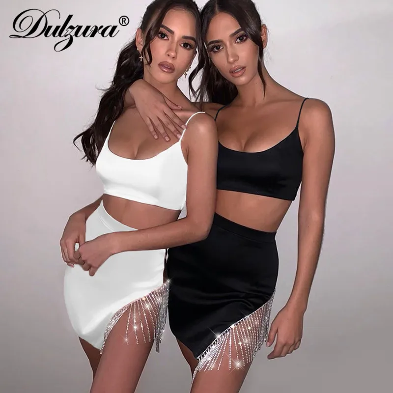 

Dulzura diamond tassel women two piece set crop top mini skirt bodycon sexy streetwear party 2020 spring summer clothes outfit