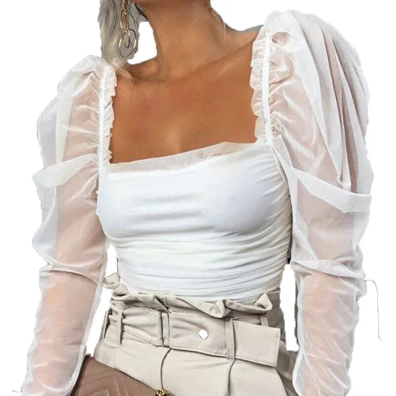 Fashion Women Sexy Lace Shirt Casual Transparent Top Solid Mesh Patchwork Women Elegant Office Puff Sleeve Ruched Blouse Tops Fashion Women Sexy Lace Shirt Casual Transparent Top Solid Mesh Patchwork Women Elegant Office Puff Sleeve Ruched Blouse Tops