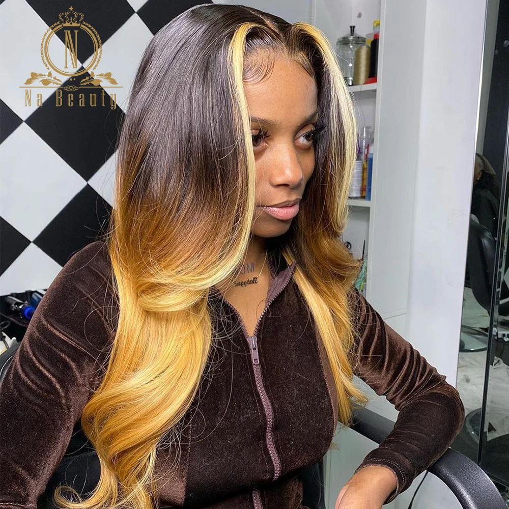 Honey Blonde Highlight 13x4 Lace Front Human Hair Wigs Hd Transparent Lace Frontal Wig Body Wave Ombre Colored Nabeauty 150 Human Hair Lace Wigs Aliexpress