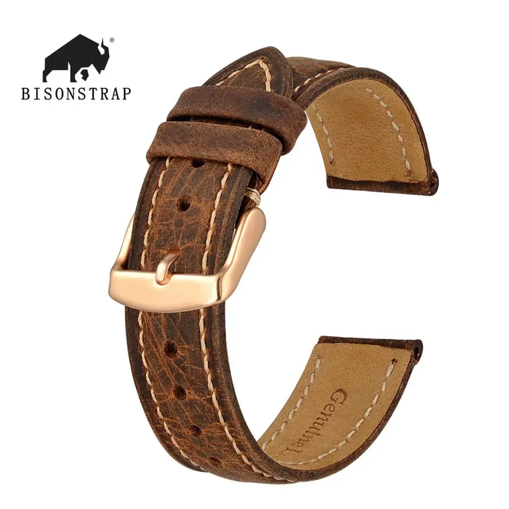 BISONSTRAP Crazy Horse Leather Watch Strap 14mm~24mm Retro Vintage Replacement Belt Rose Gold Buckle Band for Men an | Наручные часы