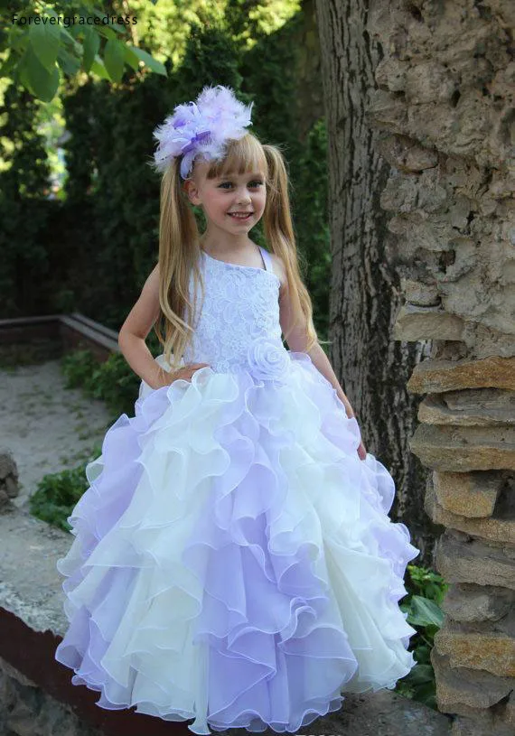 Gradient color ivory and Lavender First Communion Dresses organza long sleeves Ball Gown princess Flower Girl Dresses birthday Pageant gown 99