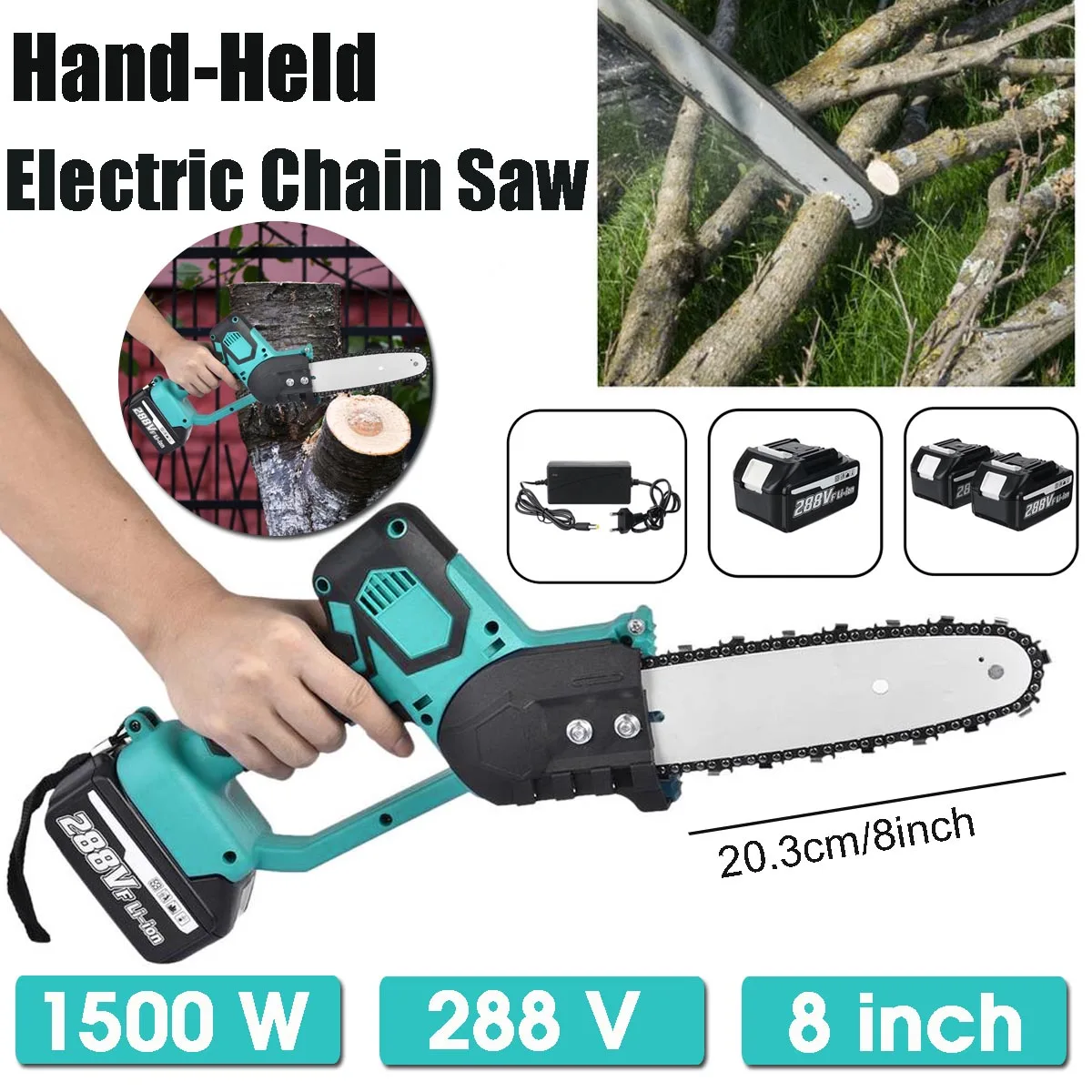 288V 1500W Electric Saw Chainsaw 8 inch Rechargeable Wood Cutter Brushless Motor Woodworking Power Tool with 2 Batteries