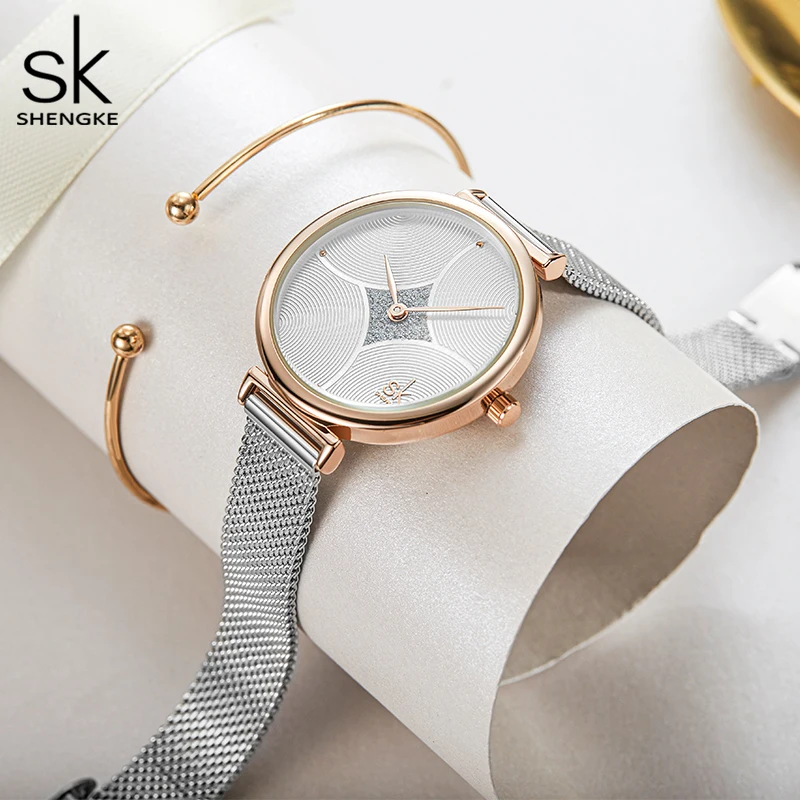 Shengke Women Watch Ripple Texture Small 32 MM Dial Silver Mesh Band Japanese Quartz Movement Watches Relogio Feminino afbeelding