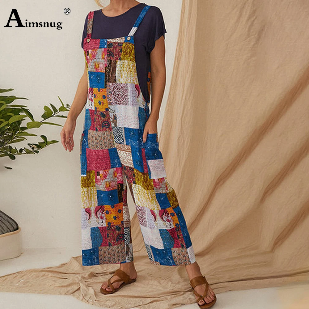 

Women Elegant Leisure Casual Overalls Sleeveless Boho Plaid Print Rompers Wide Leg pants 2020 Plus size Ladies Summer Jumpsuit