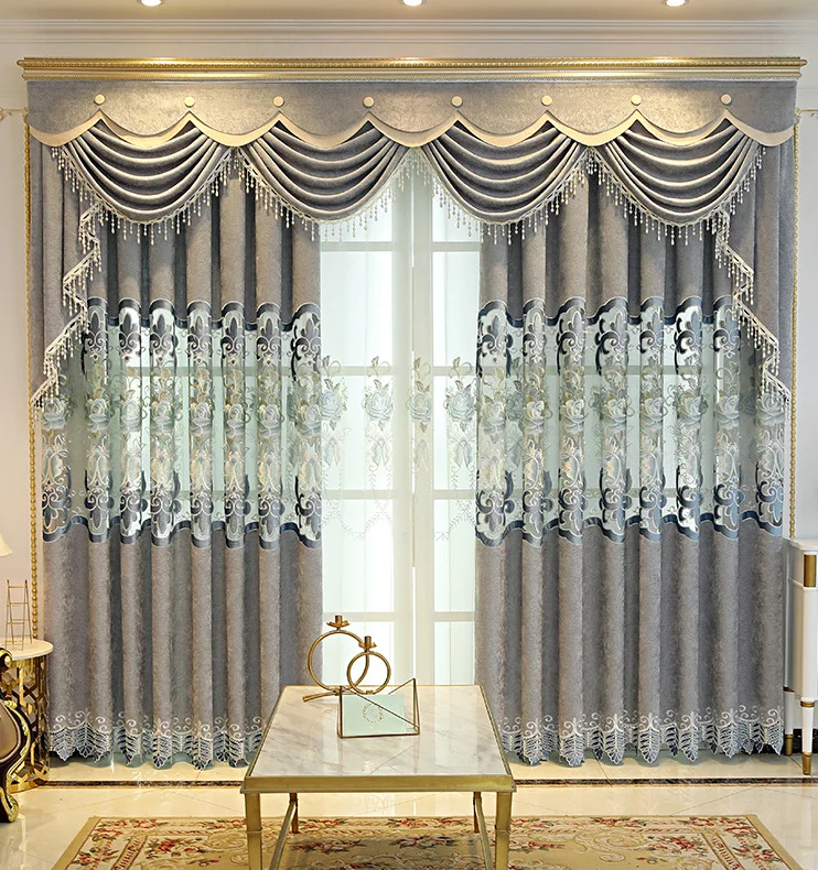 European Style Curtains for Living dining Room Bedroom Grey Chenille Jacquard Embroidered Curtains Valance Curtains