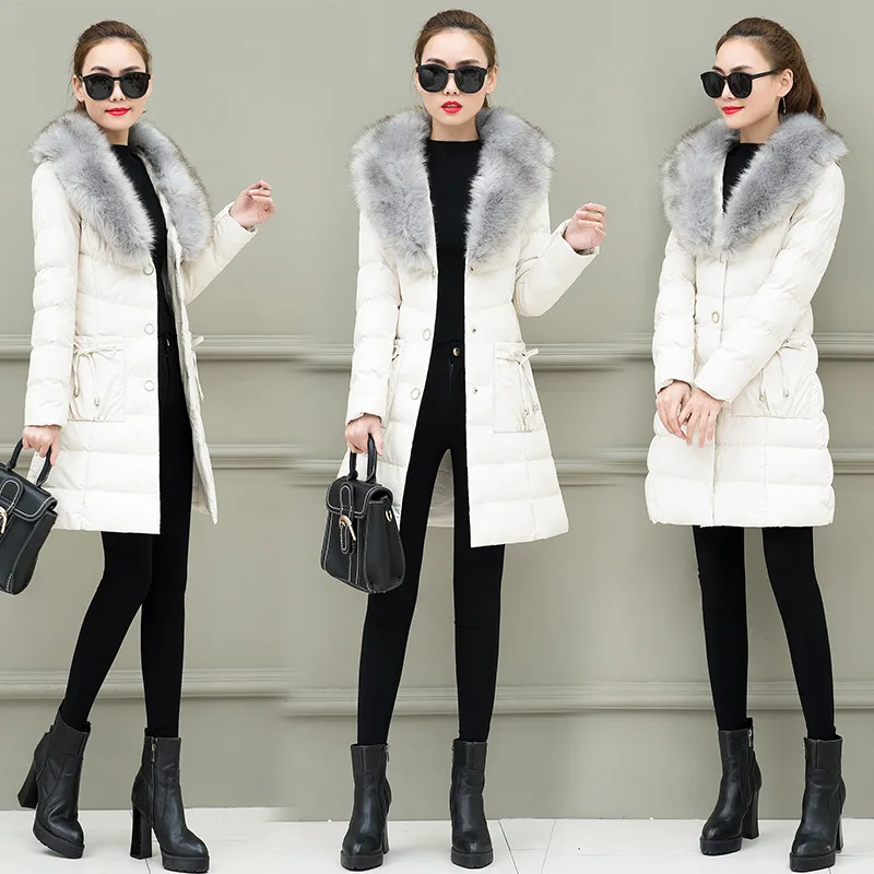 

PU Leather Cotton-padded Clothes Women's Mid-length Large Fur Collar 2018 Winter New Style Korean-style WOMEN'S Wear Fashion Wom