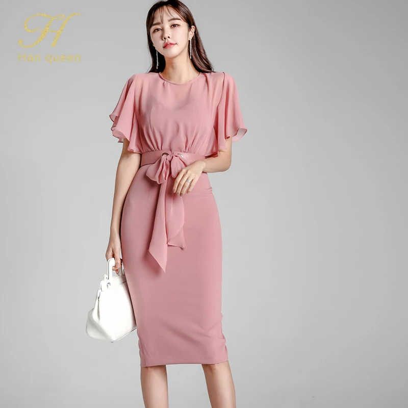 Pink H Han queen однотонное шифоновое лоскутное платье-карандаш для женщин осеннее облегающее платье бодикон платья OL с поясом Рабочая одежда Vestidos - Цвет: Pink