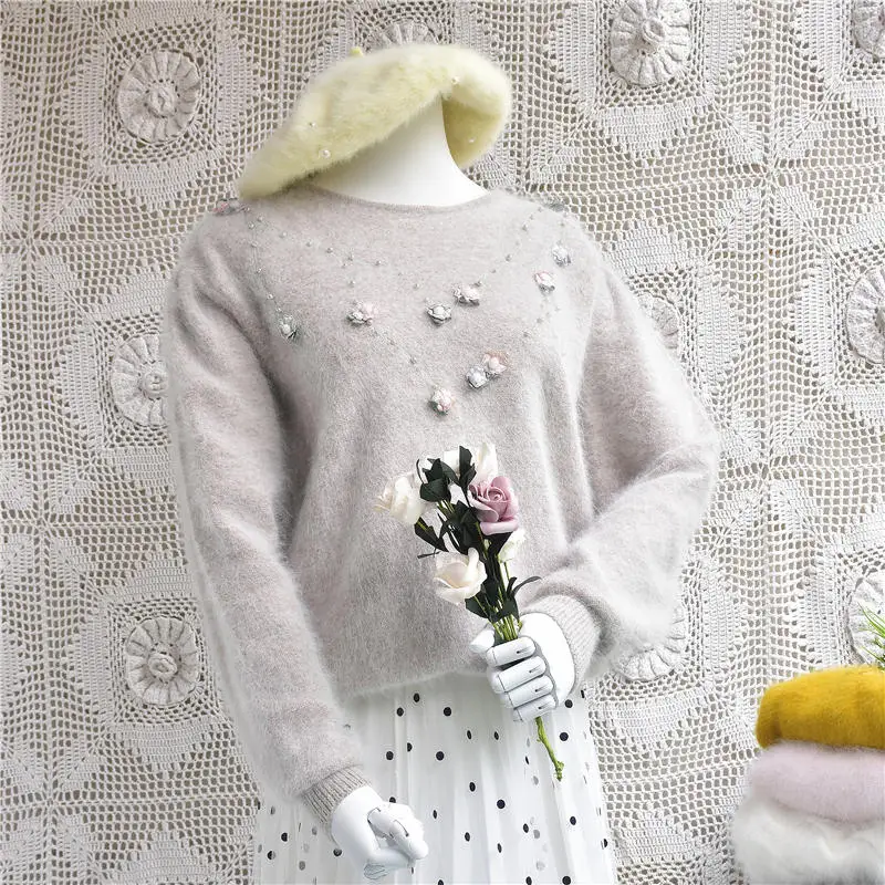 Body66cm chest100cm Молодежный женский свитер на осень и зиму, вязаный флисовый пуловер с длинными рукавами и круглым вырезом, украшенный жемчугом и цветами из ангорской кроличьей шерсти - Цвет: Body66cm chest100cm
