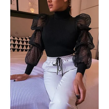 

Elegant Women Black Turtleneck Knit Tshirt Woman Mesh See Throug Puff Long Sleeve Slim T shirt 2020 Autumn Tops Harajuku SJ5317V