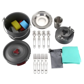 

Foldable Picnic Cooking Set Durable Camping Cookware Mess Kit Large Size Hanging Pot Non-stick Pan Kettle 4 Cups Dishes Forks Sp