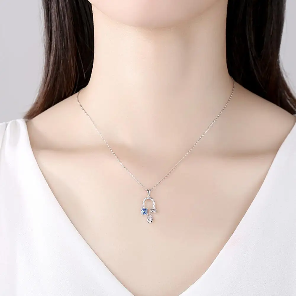 Blue Topaz U Shape Pendant Necklace 