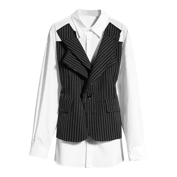 

WOMENGAGA 2020 Stitching Shirt Lace Up Waist Fake Two Pieces Color Matching Single-breasted Turn-down Collar Long-sleeve A624