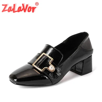 

ZALAVOR Women Fashion Pumps Shoes Modern Square Toe Metal Design Shoes Women Solid Pearl Thick Heels Lady Footwear Size 33-43