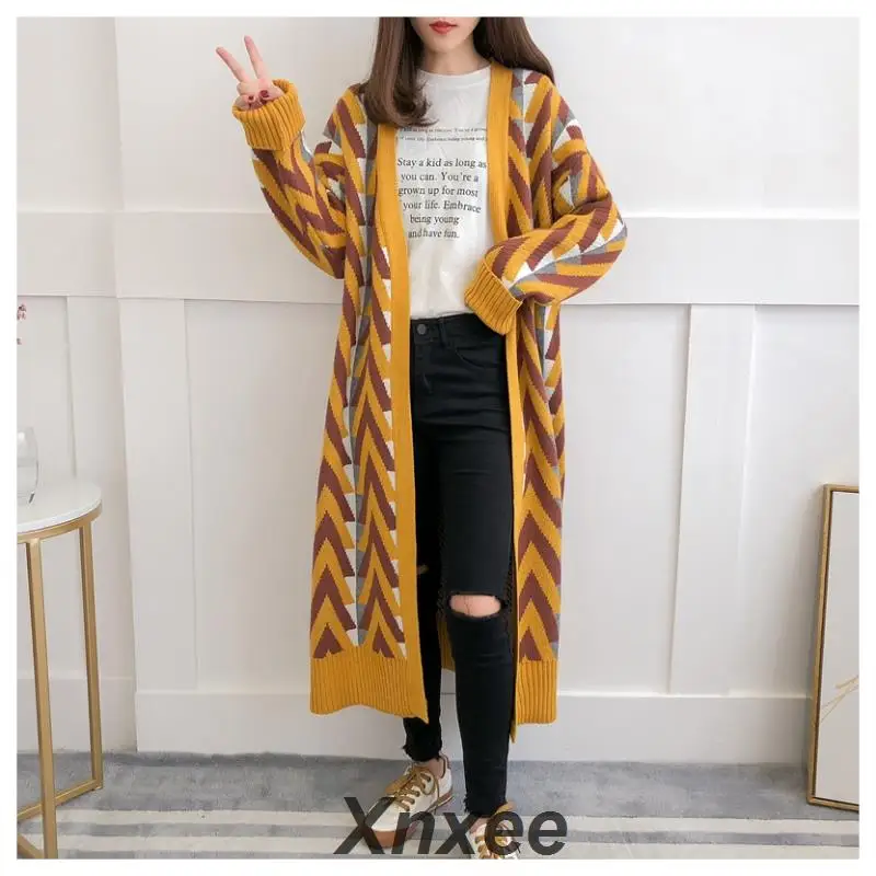 

Women Long Sweater Cardigans 19 Autumn Winter Long Sweater Jacket Geometric Knit Cardigans Long Overcoat winter coat woman Xnxee