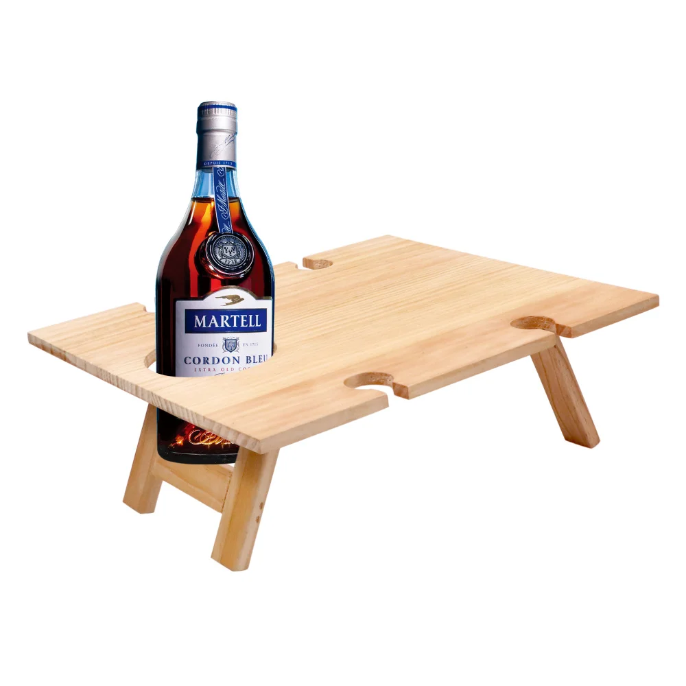 Foldable Table Portable Wine Picnic with 4 Wine Glasses Holder Outdoor Small Rectangular Wooden