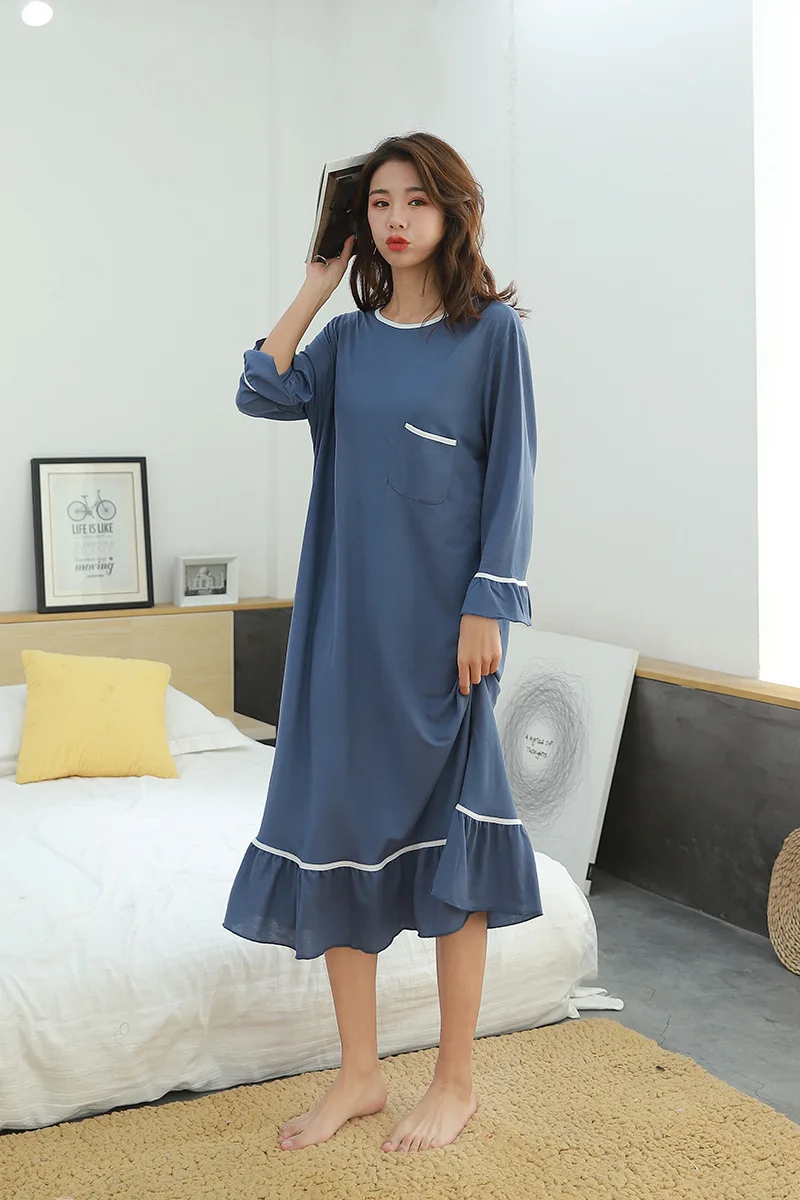Autumn New Style Large Size Pajamas Dress Plus-sized Womenswear Size Long Sleeve Nightgown Loose-Fit Slimming Contrast Colo