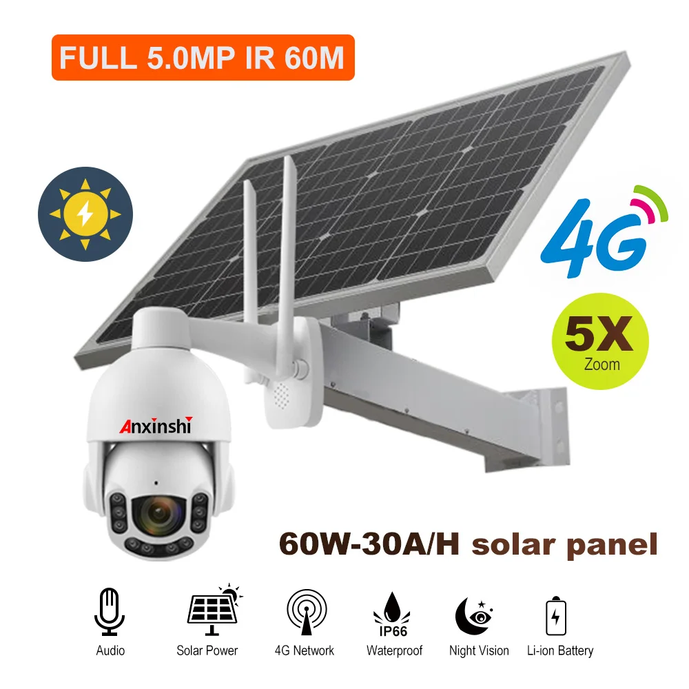 Солнечная панель 60W-30A/ч перезаряжаемая батарея 5MP IP Беспроводная камера sony Imx335 Starlight WiFi HD уличная IP66 камера с 64G SD