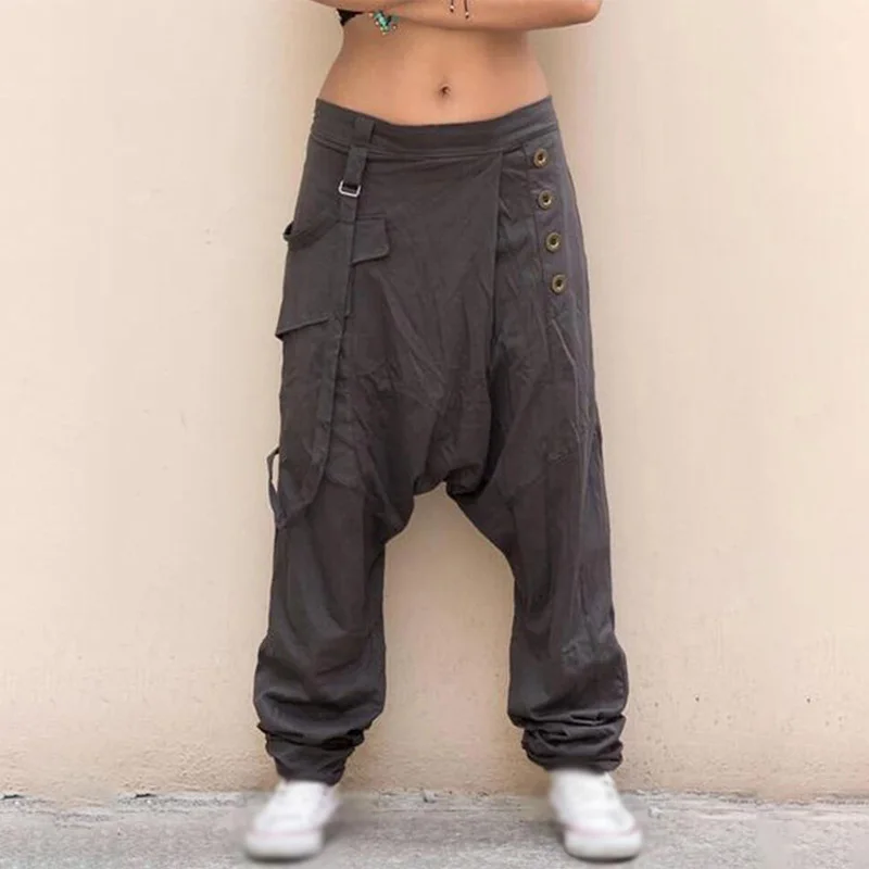 

Women Trousers Pure Color Low Waist Button solid color Small Foot Crotch harem pants summer ladies casual full length pants lady