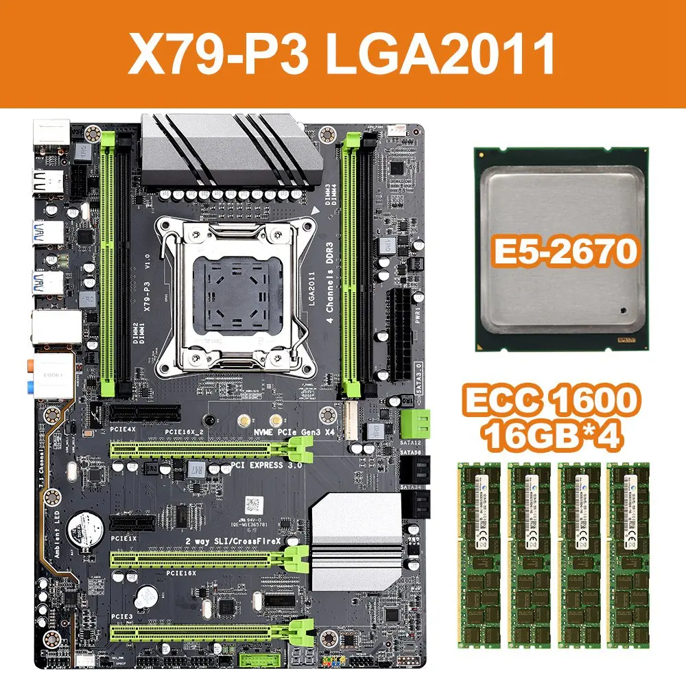  X79-P3 LGA 2011 ATX Gaming Motherboard DDR3 RAM Memory NVME M.2 SSD Support for Intel Xeon Core CPU