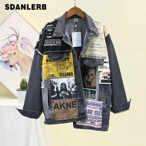 remarkable  2019 Autumn Black Denim Jacket for Women Asymmetrical Loose Splicing Washing Cowboy Jean Coat Femme