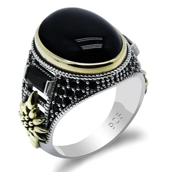 

Turkish Black Ring for Men 925 Sterling Silver Big Natural Stone Rings with Black CZ for Male Women Vintage Fine Jewelry Gift