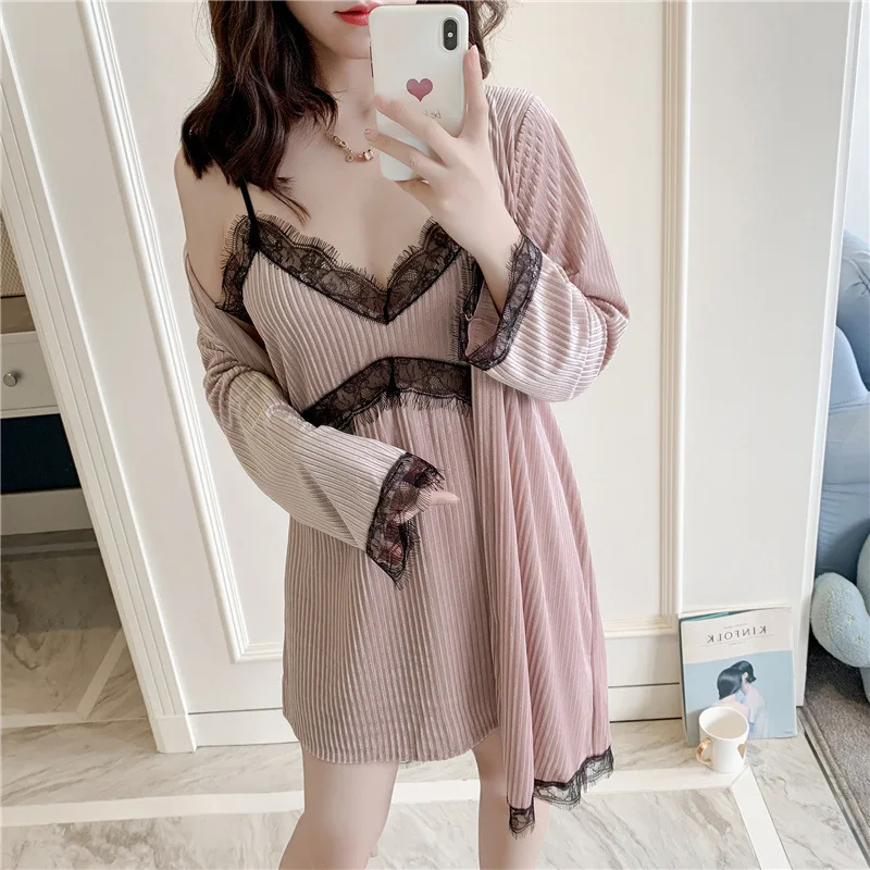 

Autumn New Velvet Women Robe Set Black Lace Sexy Spaghetti Strap Cardigan Twinset Sleepwear