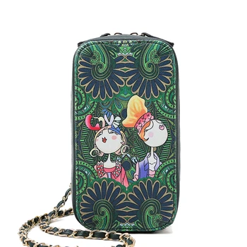 

Fashion Green Woman Purse Long Wallet With Chain Elegant Lady PU Leather Crossbody Cartton Printing Luxury Designer Girls Phone