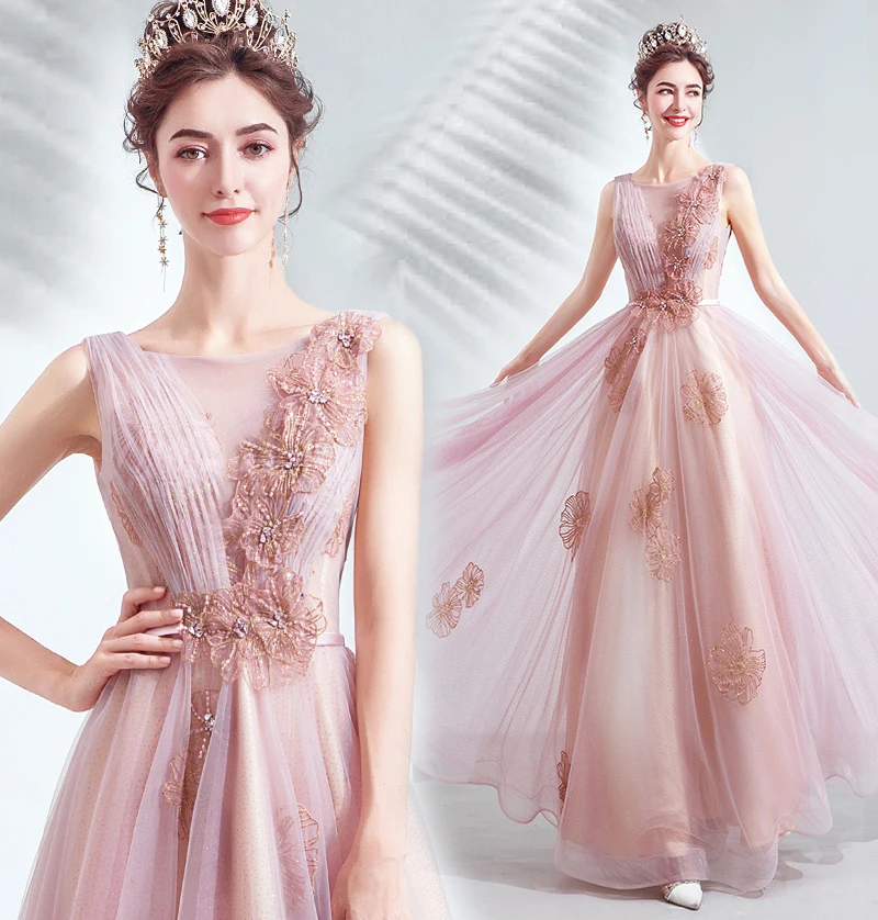 Новое длинное розовое платье без рукавов с цветами золотого цвета, расшитое блестками, для девушек, женщин, принцесс, подружки невесты, банкет, вечерние, бальные платья