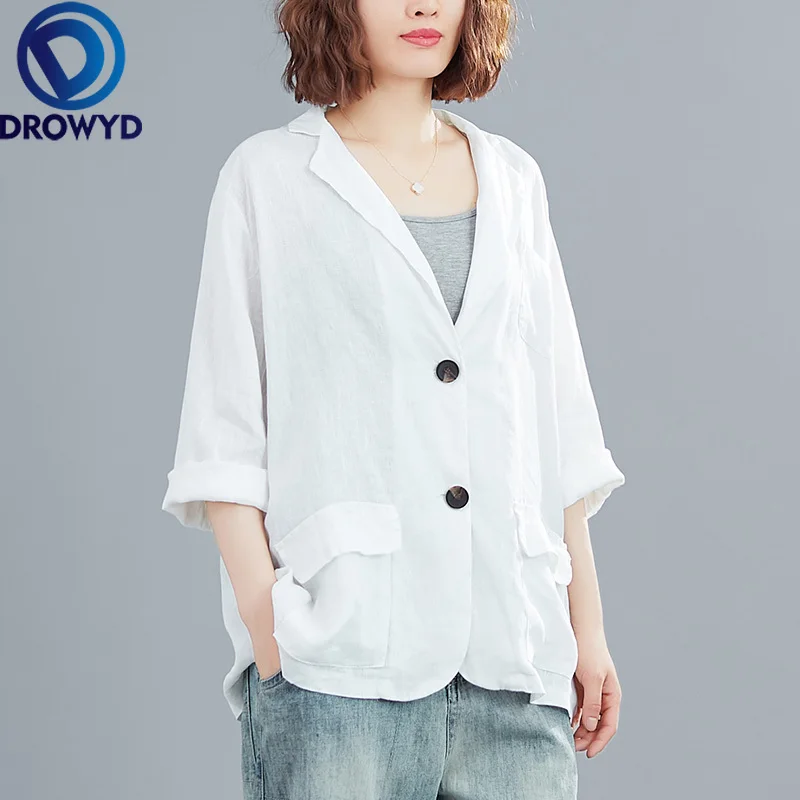 

Open Front Notched White Blazer 2020 Summer Women Formal Jackets Office Work Loose Fit Blazer Black Ladies Suits Size M-2XL Full