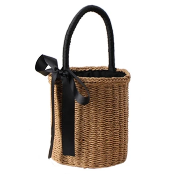 

Women Straw Bags Summer Female Bowknot Beach Bags Women Designer Casual Tote Ladies Vintage(Brown)