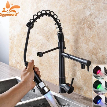 

Deck Mounted Pull Down Chrome Black LED Kitchen Faucet Water Tap Single Handle Swivel Dual Spout Kitchen Sink Mixer Tap Torneira